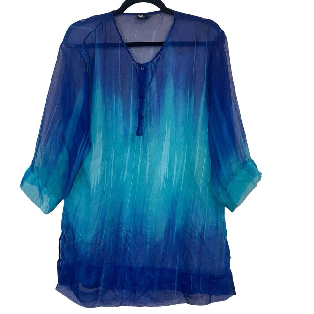 Cejon Beachwear Cover Up‎ Womens Large Ombre Sheer Blue Roll Tab Tunic